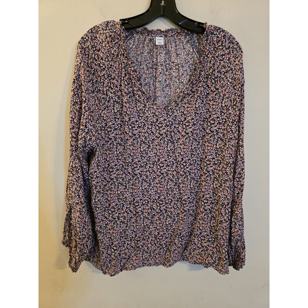 Old Navy Size Large Navy Floral  Open Neck Long Sleeve Boho‎ Cottagecore Top